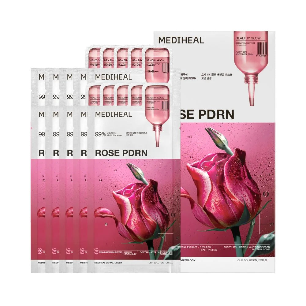 MEDIHEAL Rose PDRN Essential Mask Healthy Glow 10 Sheets/Box 韩国 MEDIHEAL 美迪惠尔 玫瑰PDRN水光焕亮面膜 10片/盒