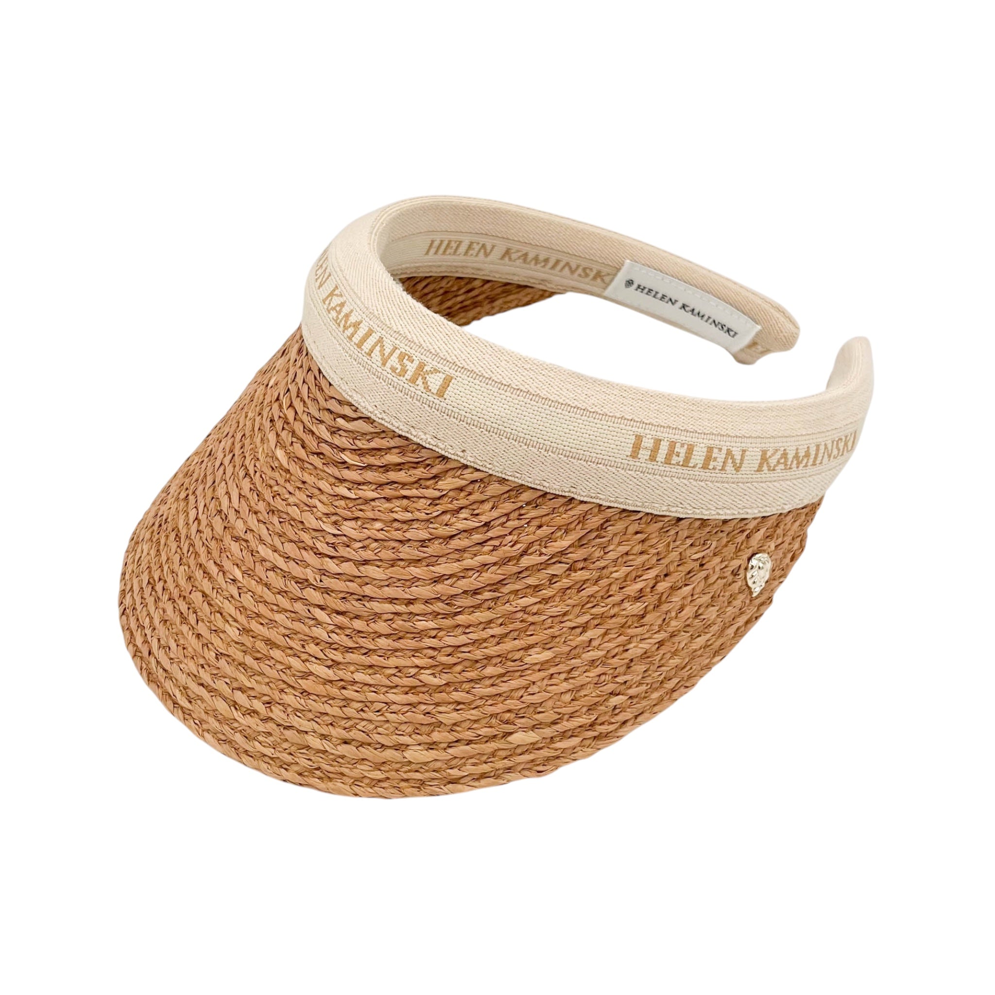 Helen Kaminski Bianca Visor Sun Hat – Nougat / Natural / Logo Helen Kaminski Bianca 拉菲草空顶遮阳帽 暖橘棕米字母款