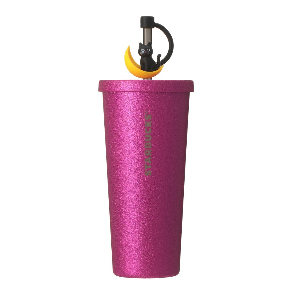 Starbucks Japan Halloween 2026 Glitter Pink Stainless Steel Tumbler with Black Cat Straw Charm 日本星巴克 Starbucks 2026 万圣节限定 玫瑰粉不锈钢保温吸管杯