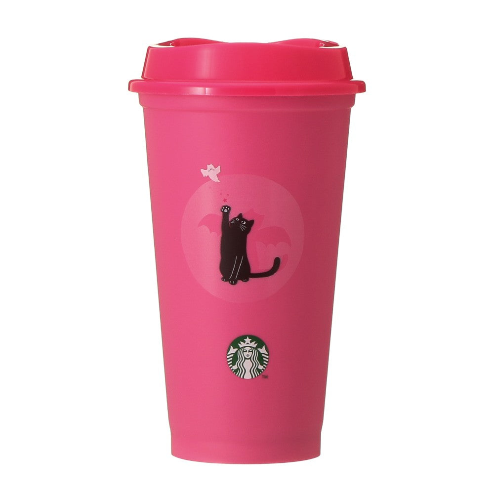 Starbucks Japan Halloween 2026 Color Changing Reusable Cup with Black Cat Bearista Moon Topper 473mL 日本星巴克 Starbucks 2026 万圣节限定 粉色变色随行杯 黑猫小熊月亮杯盖塞套装 473mL