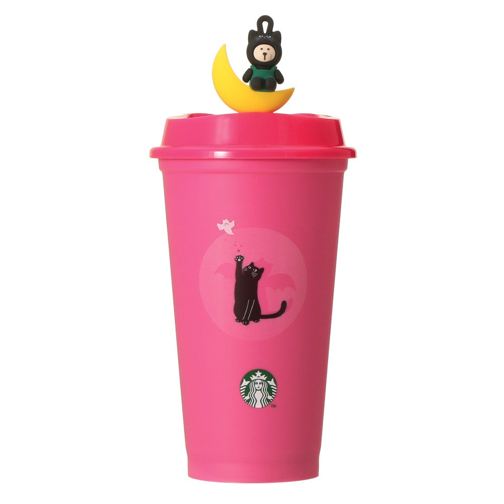 Starbucks Japan Halloween 2026 Color Changing Reusable Cup with Black Cat Bearista Moon Topper 473mL 日本星巴克 Starbucks 2026 万圣节限定 粉色变色随行杯 黑猫小熊月亮杯盖塞套装 473mL