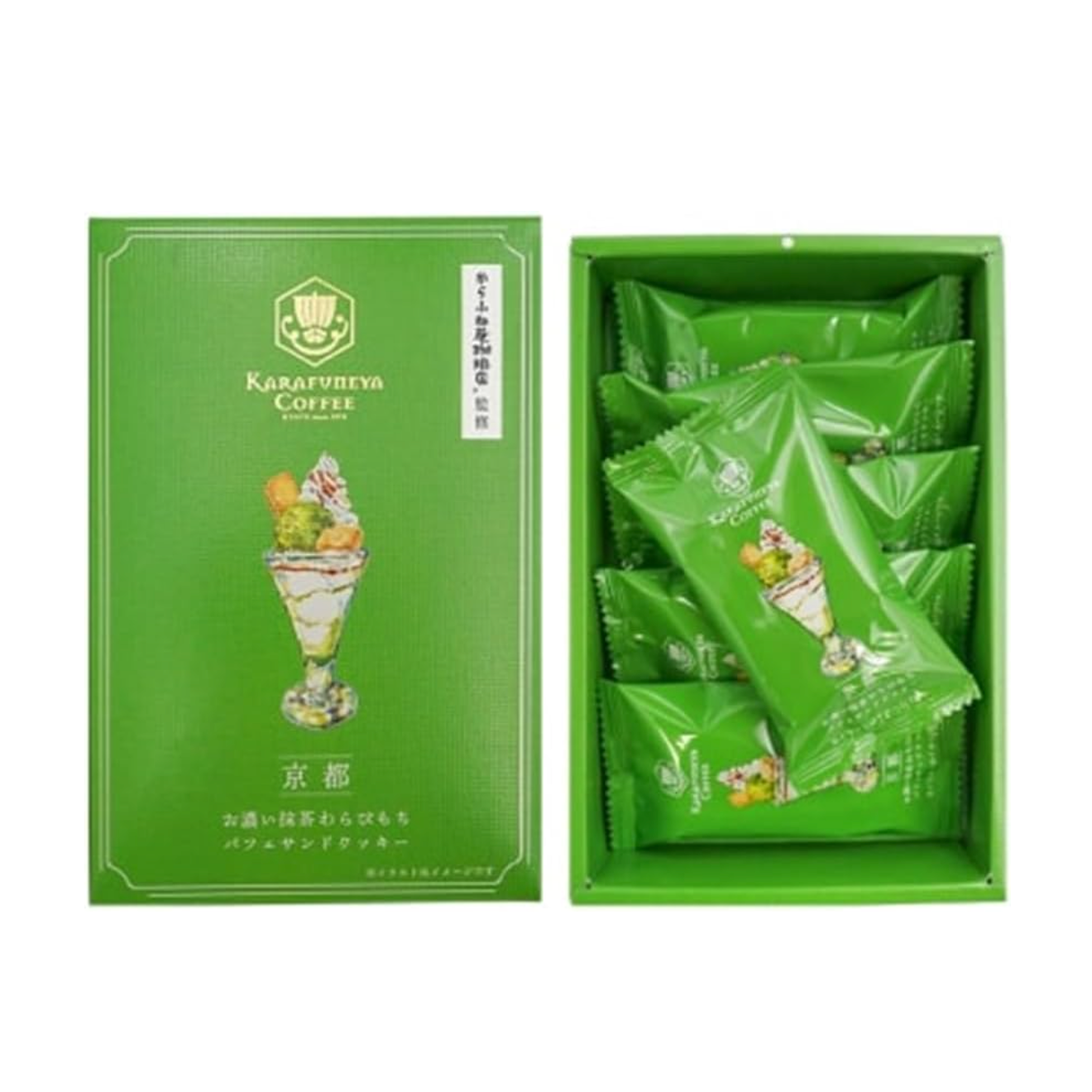 KARAFUNEYA COFFEE Kyoto Limited Strong Matcha Kinako Warabimochi Sandwich Cookies 6pcs/box 唐船屋咖啡 京都限定 濃郁抹茶蕨餅聖代夾心餅乾 6枚入