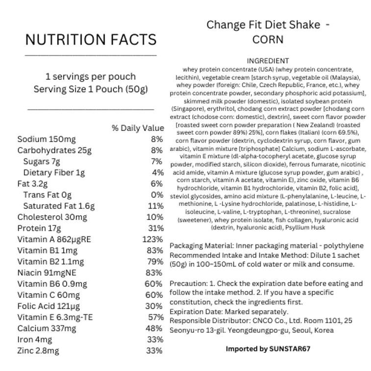 CHANGE FIT Diet Protein Shake (Corn) 韩国CHANGE FIT 瘦身代餐奶昔 (玉米) 50g