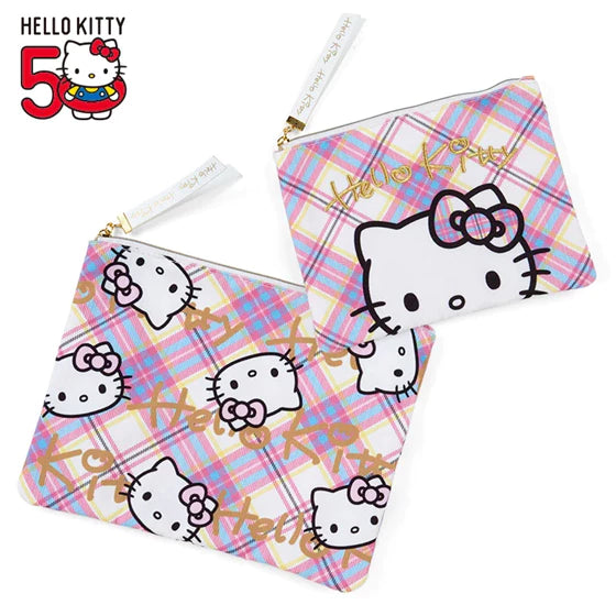Sanrio Hello Kitty Tartan 50th Anniversary Flat Pouch 2pcs Set 三丽鸥 凯蒂猫50周年 尼龙扁平收纳袋2入组