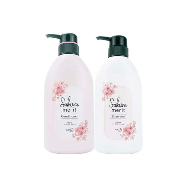 KAO merit Sakura in Full Bloom Shampoo 480ml+Conditioner 480ml Special Edition Set 日本花王国民系列无硅油弱酸性樱花限定洗发水480ml+护发素480ml洗护套装